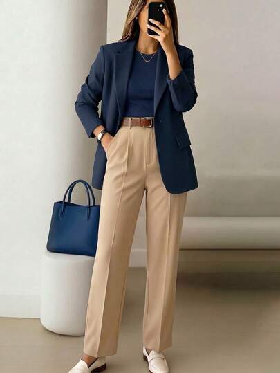 Women's High-Waisted Khaki Long Pants, Minimalist Fashionable Commuter Y2K Style, Comfortable Slim Fit Versatile (Accessories Not Included), Office Siren